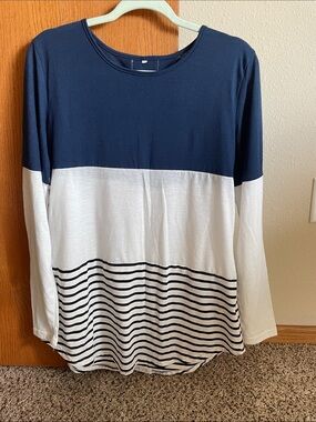 Navy and White Colorblock Long Sleeve Top